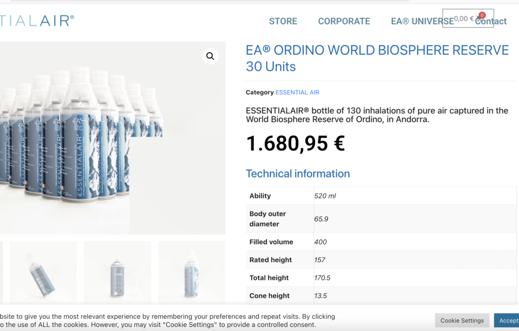 Preu del pack de 30 ampolles prèmium a 1.680 euros. Foto: Essential Air.