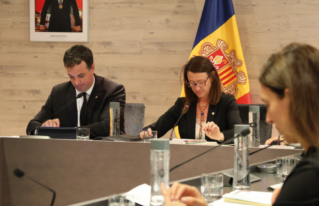 La cònsol major i el cònsol menor d'Ordino, Maria del Mar Coma i Eduard Betriu, durant la sessió ordinària de Consell de comú.