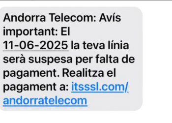 Missatge d'SMS que suplanta Andorra Telecom.