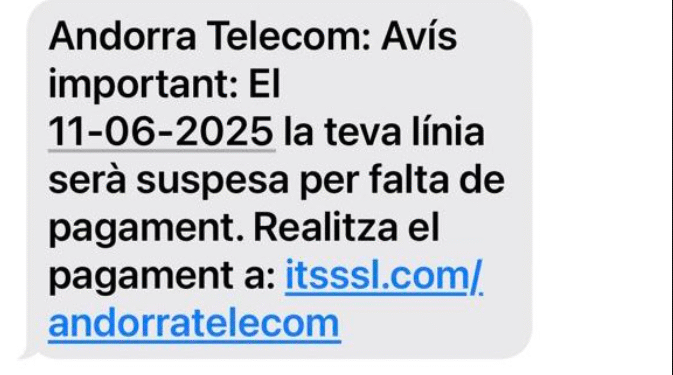 Missatge d'SMS que suplanta Andorra Telecom.