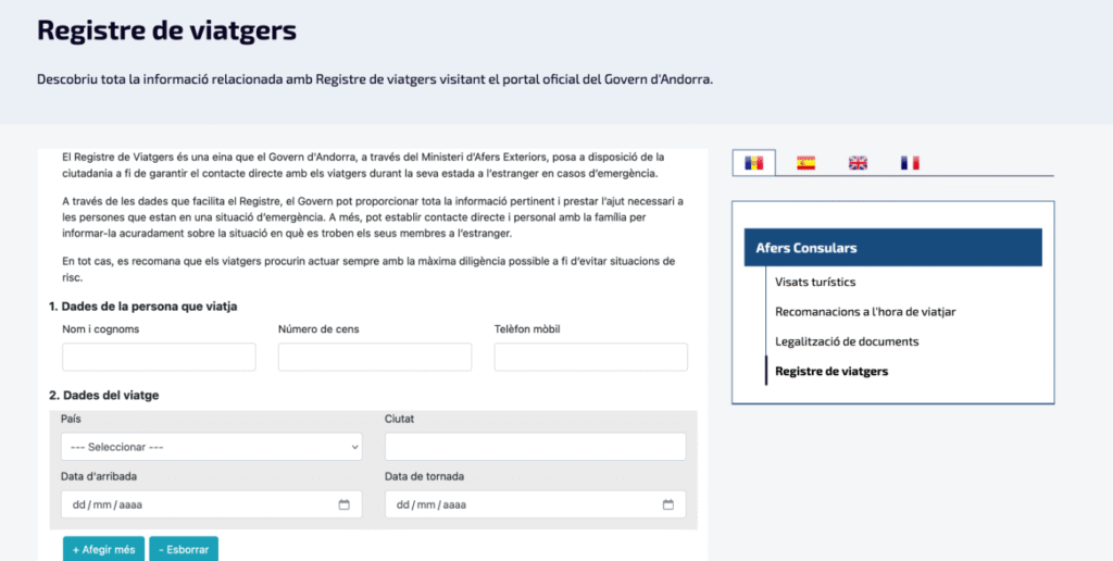 Una imatge del registre de viatgers que es pot omplir al web del Govern.