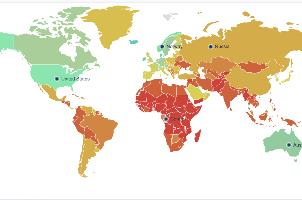 Mapa d'ingressos on el verd fort és el color de màxim i el vermell fort el mínim. Foto: Worlddata.