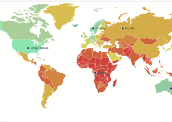 Mapa d'ingressos on el verd fort és el color de màxim i el vermell fort el mínim. Foto: Worlddata.