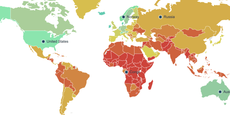 Mapa d'ingressos on el verd fort és el color de màxim i el vermell fort el mínim. Foto: Worlddata.