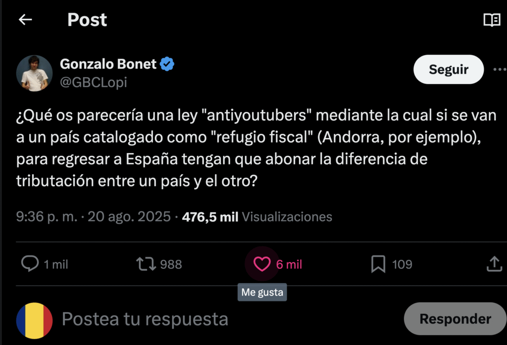 Un post amb la petició d'una llei antiyoutubers ja té mig milió de visualitzacions. Foto: X.