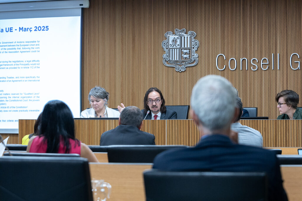 Un moment de la compareixença, del secretari d'Estat per a les Relacions amb la Unió Europea, Landry Riba, al davant de la comissió legidlativa de Política Exterior el passat mes de juliol. / Foto: Consell General