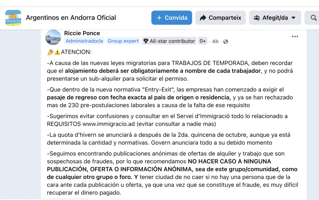 Imatge del missatge d'Argentinos en Andorra. Foto: Facebook.