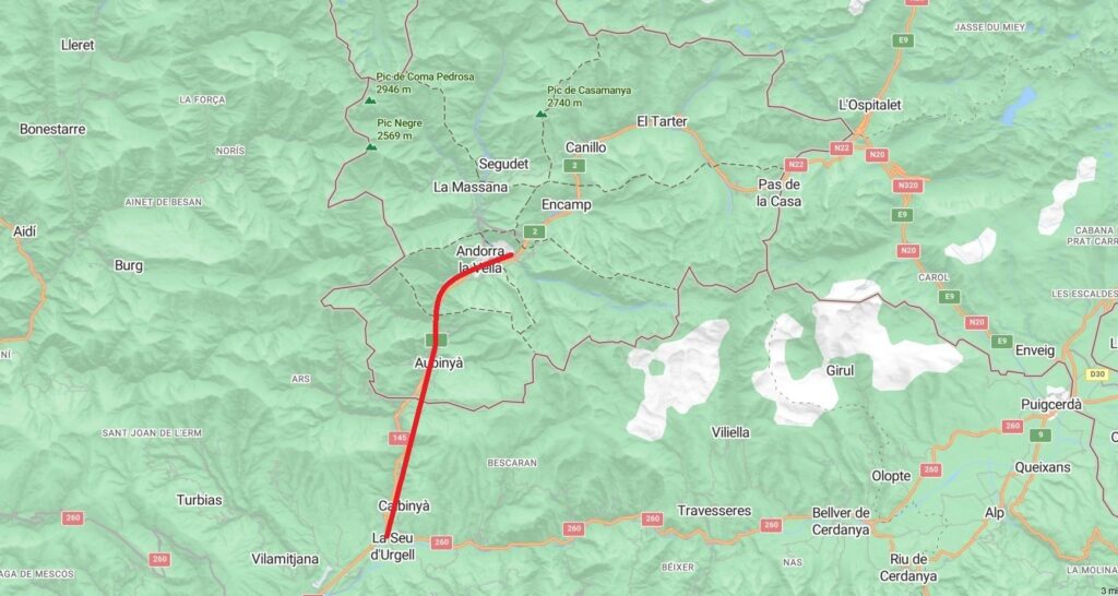 El recorregut que faria el tramvia entre la Seu i Andorra.