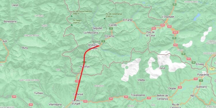 El recorregut que faria el tramvia entre la Seu i Andorra.