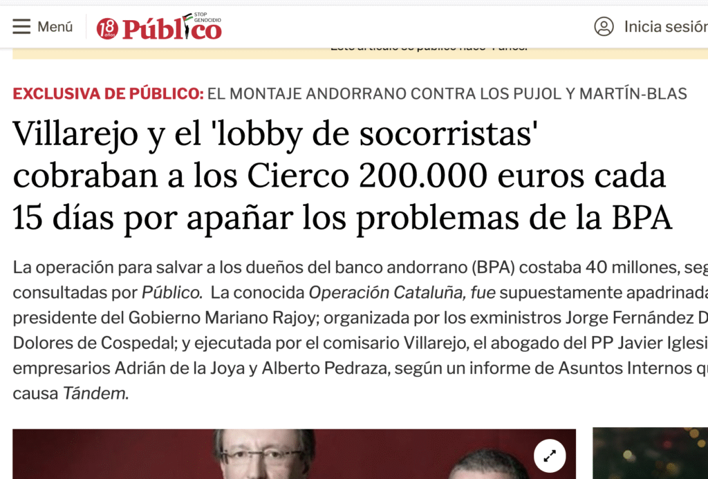 Imatge de la notícia on s'explica que Villarejo cobrava 400.000 euros al mes dels Cierco. Foto: Público.