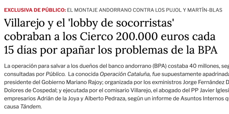 Imatge de la notícia on s'explica que Villarejo cobrava 400.000 euros al mes dels Cierco. Foto: Público.