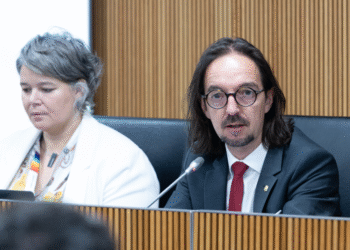 El secretari d'Estat per a les Relacions amb la Unió Europea, Landry Riba, durant la darrera compareixença al Consell General.