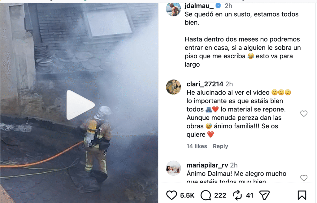 Els bombers apaguen el foc a casa del youtuber. Foto: Instagram.