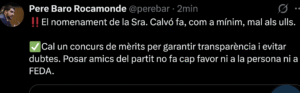 Missatge de Pere Baró sobre el nomenament de Calvó. Foto: X.