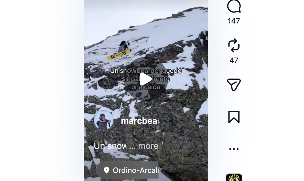 L'snowborder havia quedat atrapat en una zona molt perillosa. Foto: Instagram.