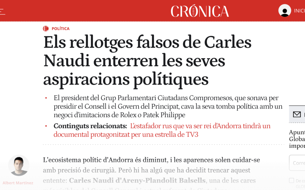 Imatge de l'article contra Carles Naudí a Crónica Global. Foto: CG.