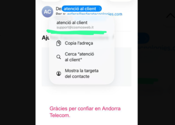 Exemple d'un correu fraudulent suplantant Andorra Telecom.