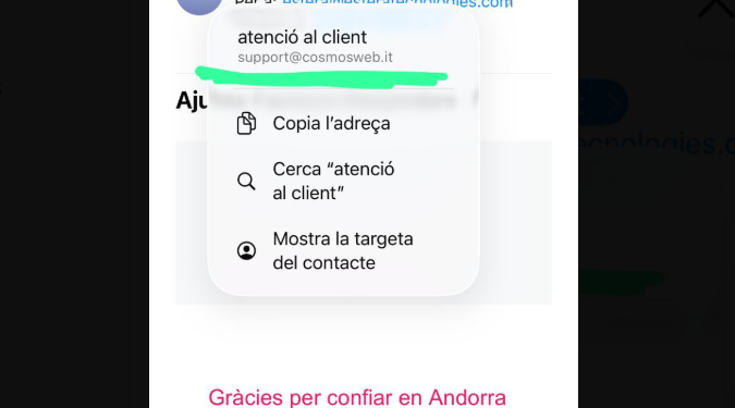 Exemple d'un correu fraudulent suplantant Andorra Telecom.