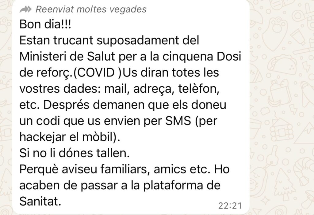 El missatge que està corrent per WhatsApp. Foto: Policia d'Andorra