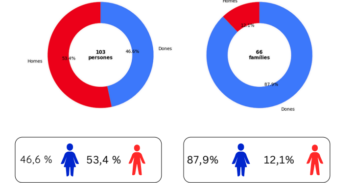 El gràfic que mostra la diferenciació de gènere entre els casos atesos en primera persona i per part de familiars a Projecte Vida durant el 2025.