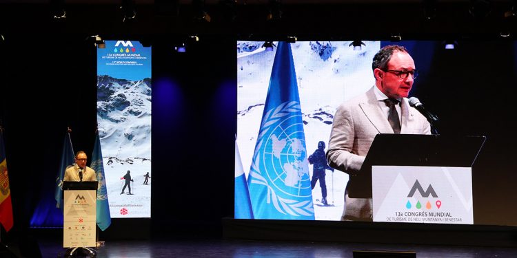 El cap de Govern, Xavier Espot, durant la inauguració del 13a Congrés Mundial de Turisme de Neu, Muntanya i Benestar d’Andorra. Foto: M. R. (ANA)