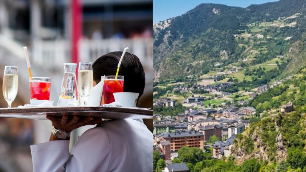 Collage d'un cambrer amb el paisatge d'Andorra.