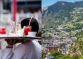 Collage d'un cambrer amb el paisatge d'Andorra.