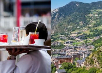 Collage d'un cambrer amb el paisatge d'Andorra.