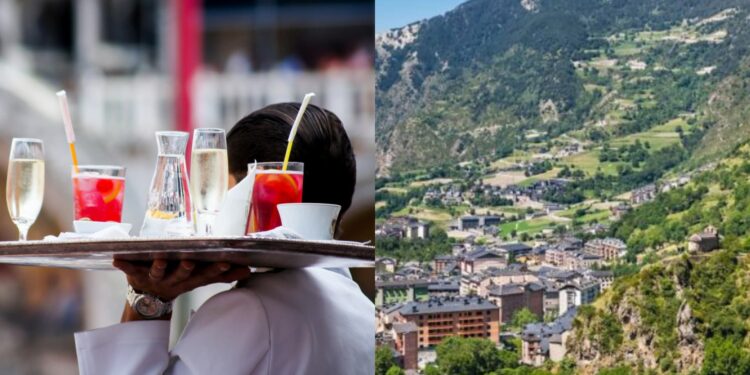 Collage d'un cambrer amb el paisatge d'Andorra.