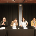 El representant dels Amics del Disseny d’Andorra, Josep Maria Mangot, el comissari i organitzador del projecte, Pere Moles, la cònsol menor de Sant Julià de Lòria, Sofia Cortesao, la ministra de Cultura del Govern d’Andorra, Mònica Bonell, la representant de Reig Fundació, Maria Creus Ribas, i el president de l’Associació de Professionals de la Comunicació d’Andorra (APCA), Marc Segalés.