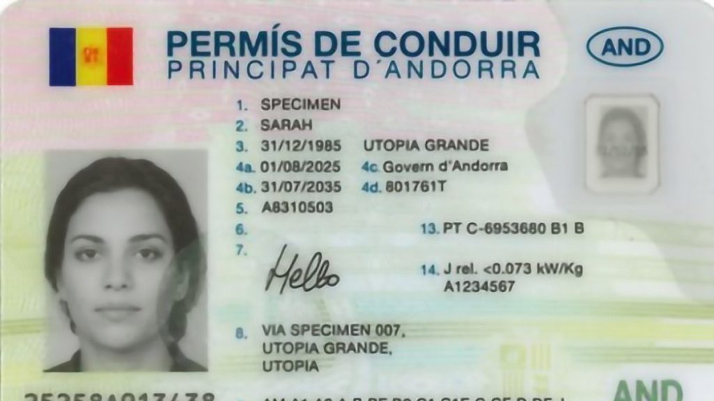 Exemple del permís de conduir. Foto: Govern d'Andorra