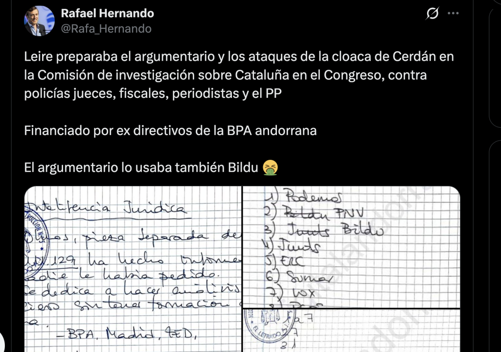 Tuit del popular Rafael Hernando denunciant el vicle Clavegueres del PSOE, partits que donen suport al Govern espanyol i BPA / X