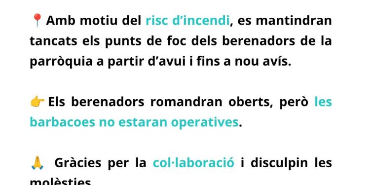 L'avís del comú d'Andorra la Vella de tancament de les barbacoes.