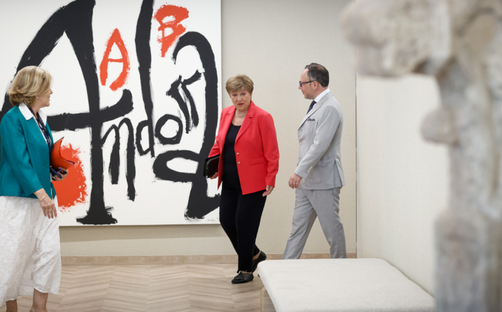Un moment de la trobada de la directora gerent de l'FMI, Kristalina Georgieva, amb el cap de Govern, Xavier Espot.