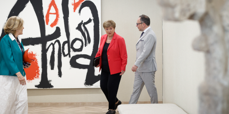 Un moment de la trobada de la directora gerent de l'FMI, Kristalina Georgieva, amb el cap de Govern, Xavier Espot.