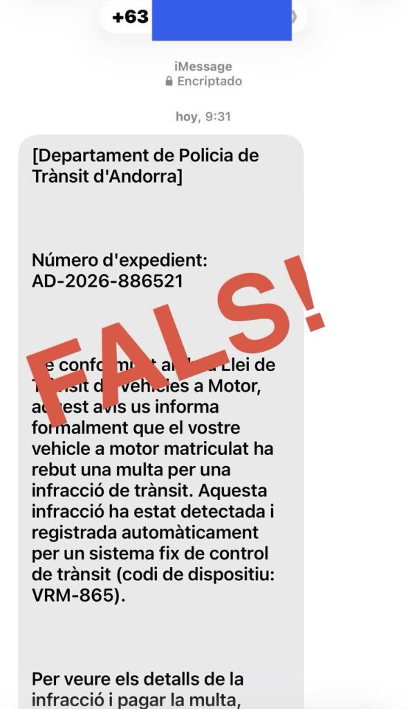 L'estafa denunciada per la policia. Foto: Policia d'Andorra
