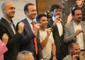 L’exciclista Joaquim 'Purito' Rodríguez, el cònsol menor d'Encamp, Xavier Fernández, el cònsol major de Sant Julià de Lòria, Cerni Cairat, el ministre de comerç i turisme, Jordi Torres. Foto: D. M (ANA)