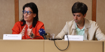 La cònsol de la Massana, Eva Sansa, i el cònsol d'Andorra la Vella, Sergi González, en roda de premsa.