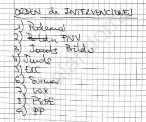 Document amb els noms dels grups en l'ordre d'intervenció / Agenda Leire Díez