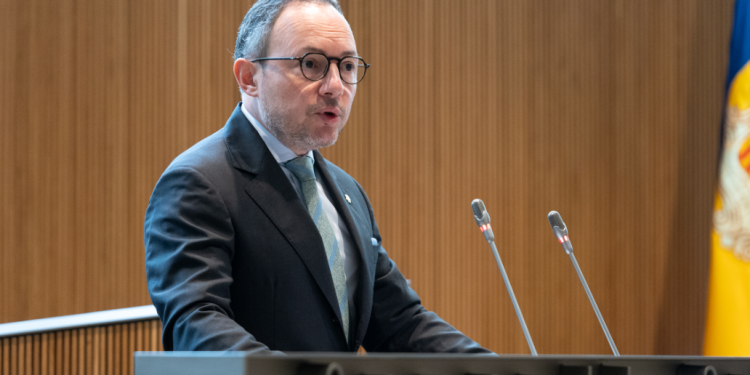 El cap de Govern, Xavier Espot, durant la seva intervenció en el marc del debat d'orientació política.