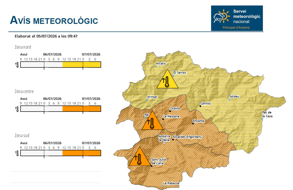 L'avís per altes temperatures del Servei Meteorològic. Foto: Servei Meteorològic