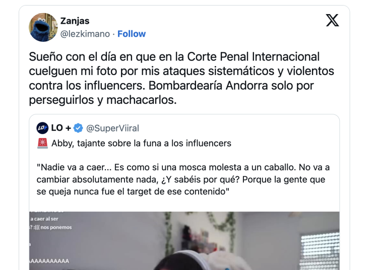 Un tuit on es parla de 'bombardejar' Andorra per acabar amb els influencers / X