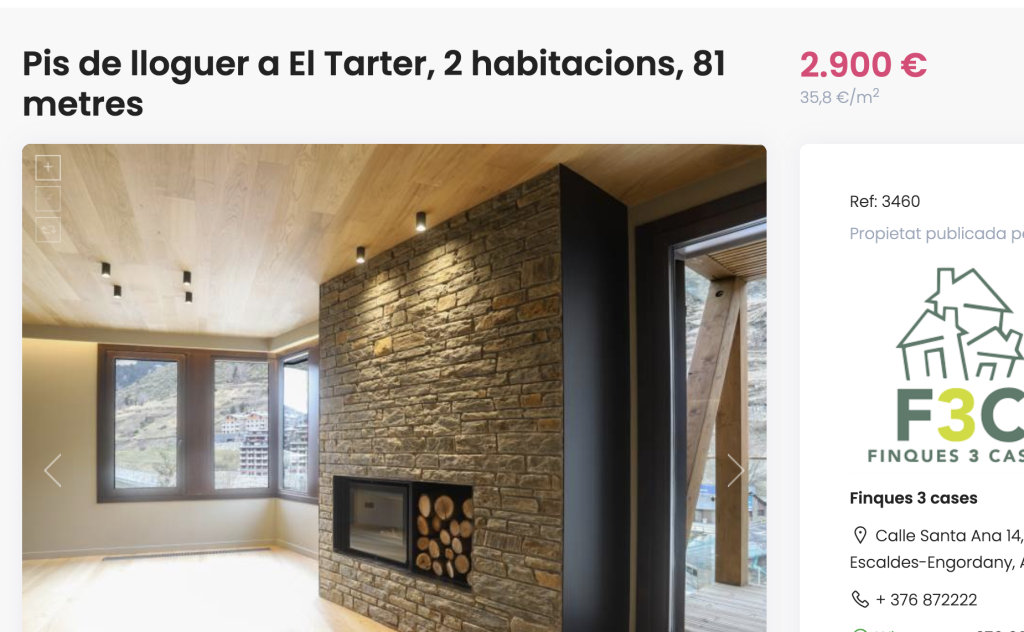 anunci de lloguer a El Tarter, un poble a 17 quilòmetres de la capital Andorra la Vella / Pisos.ad