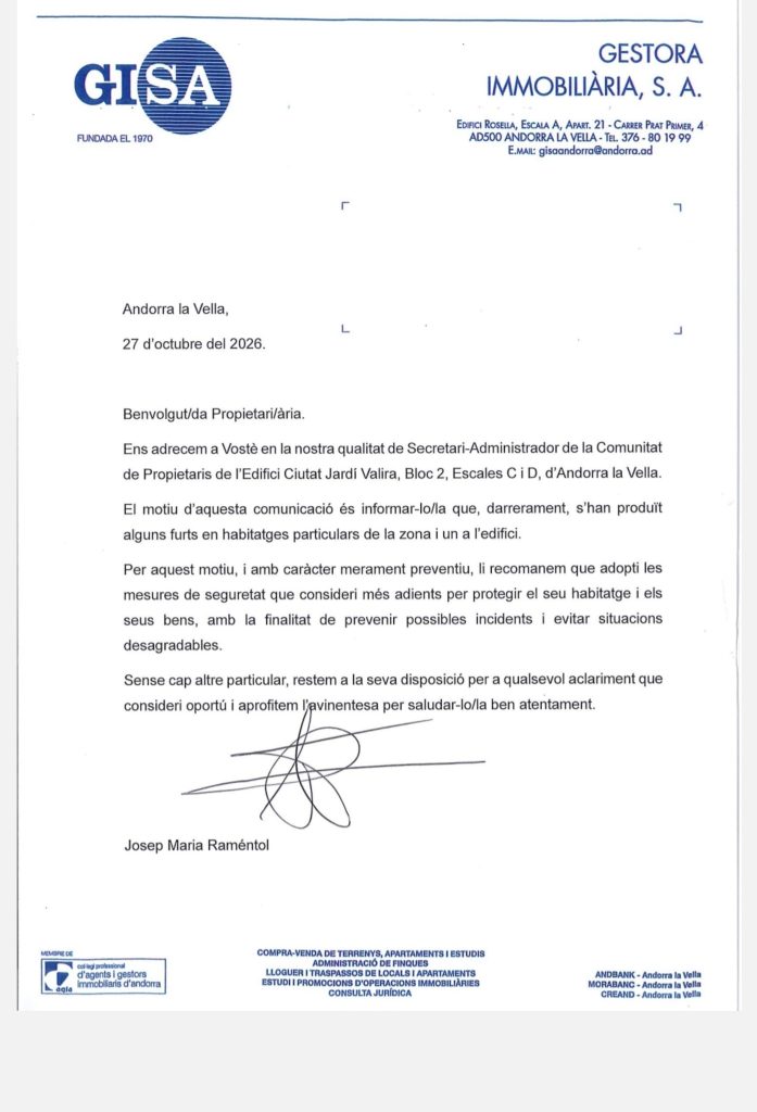 La carta enviada als veïns.