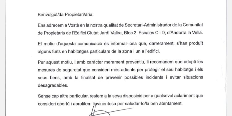 La carta enviada als veïns.