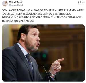 Piulada de Miguel Bosé contra el ministre de Transports espanyol Óscar Puente.