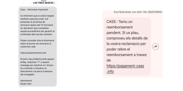 SMS fraudulents que suplanten la identitat de la CASS. Foto: CASS