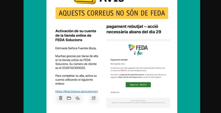 L'avís de FEDA sobre els correus fraudulents.