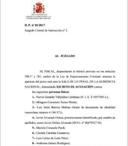 Imatge de la primera pàgina del document de l'acusació de la fiscalia espanyola que en té 90. 